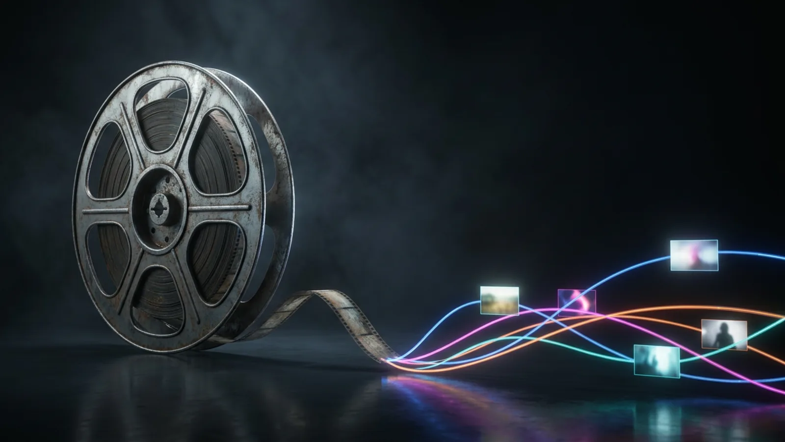 A vintage film reel on a dark studio floor, its film strip transforming into glowing streams of light carrying floating video frames — a metaphor for Sora 2 being retired and replaced by new AI video models.